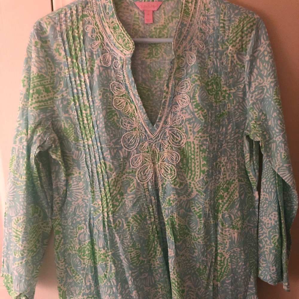 Lilly Pulitzer blue and green beaded tunic medium